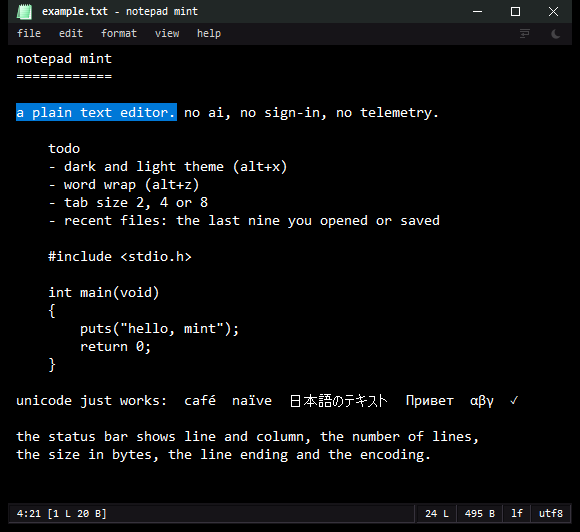 notepad mint with the dark theme: a short text with a selected sentence, a code sample and multilingual text, and the status bar showing line, column, size, line ending and encoding