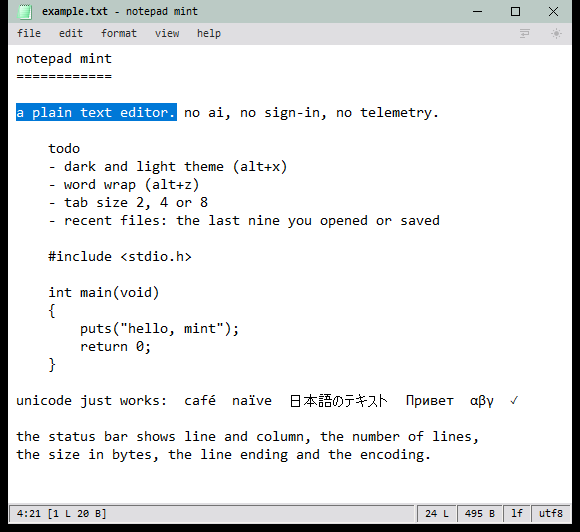 notepad mint with the light theme, showing the same text on a white editor with a soft green accent